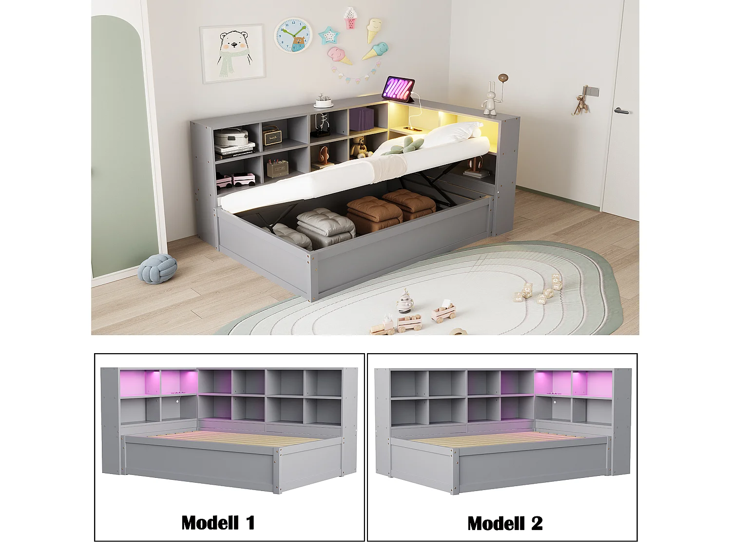 Cama infantil con canapé - 90 x 200 cm - con LED + varios espacios de almacenaje - cama hidráulica - madera + MDF - gris