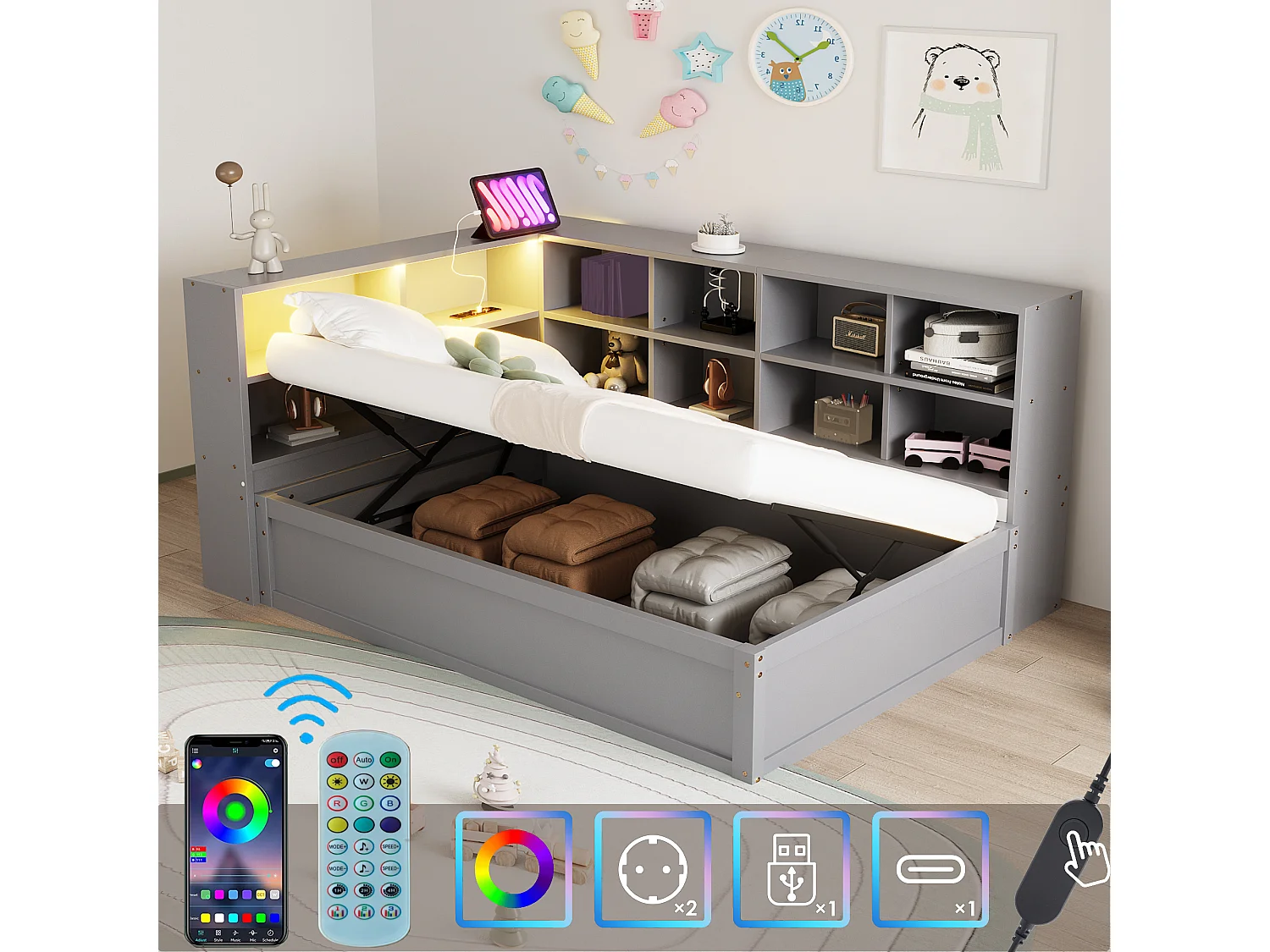 Cama infantil con canapé - 90 x 200 cm - con LED + varios espacios de almacenaje - cama hidráulica - madera + MDF - gris