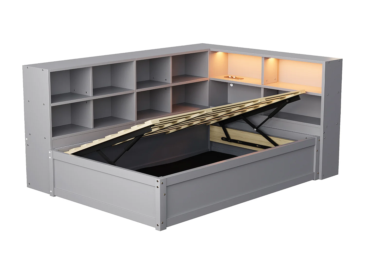 Cama infantil con canapé - 90 x 200 cm - con LED + varios espacios de almacenaje - cama hidráulica - madera + MDF - gris