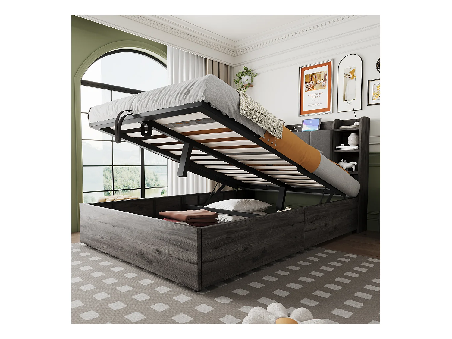 Lit coffre pou enfant - 140 x 200 cm - tête de lit avec rangement - avec USB + Type-C - MDF - gris