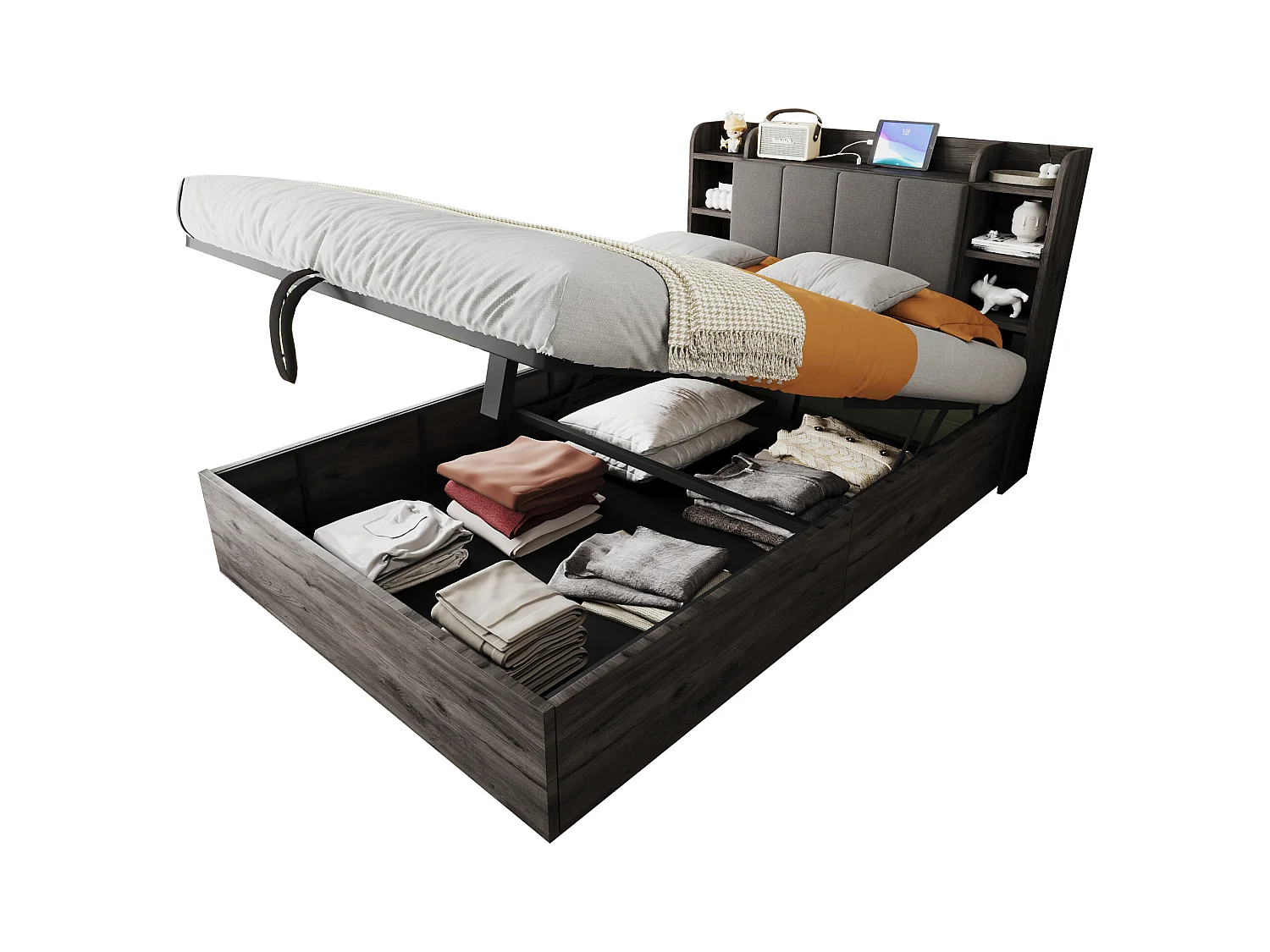 Lit coffre pou enfant - 140 x 200 cm - tête de lit avec rangement - avec USB + Type-C - MDF - gris