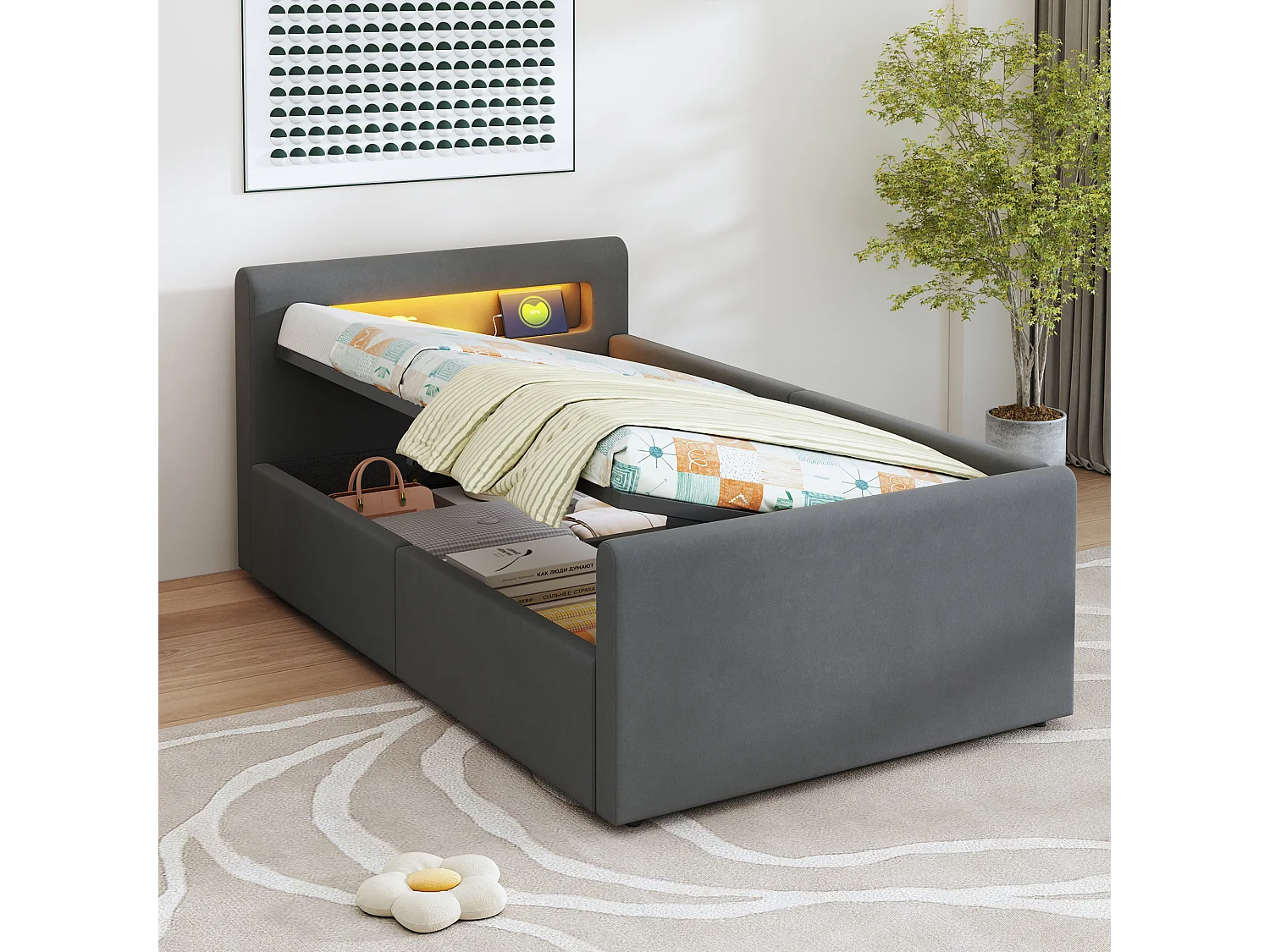 Lit coffre enfant rembourré - 90 x 200 cm - avec Leds + USB - tête de lit avec étagère - velours + MDF - gris foncé