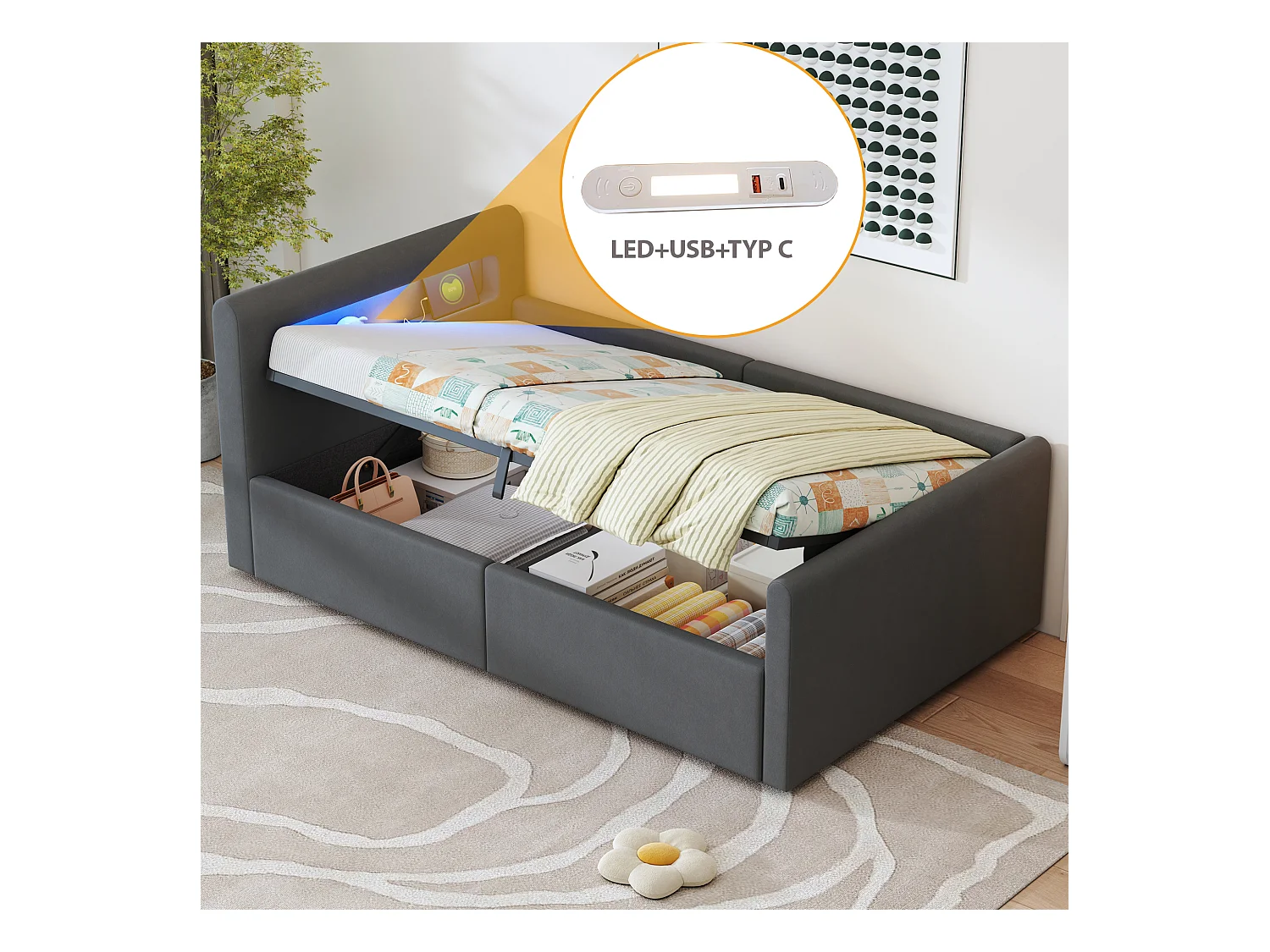 Lit coffre enfant rembourré - 90 x 200 cm - avec Leds + USB - tête de lit avec étagère - velours + MDF - gris foncé