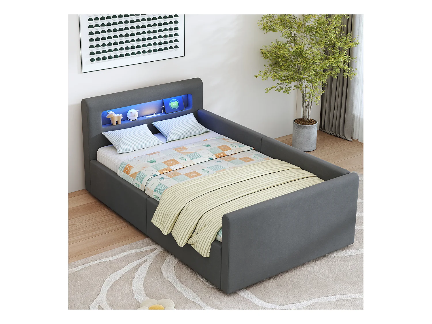 Lit coffre enfant rembourré - 90 x 200 cm - avec Leds + USB - tête de lit avec étagère - velours + MDF - gris foncé