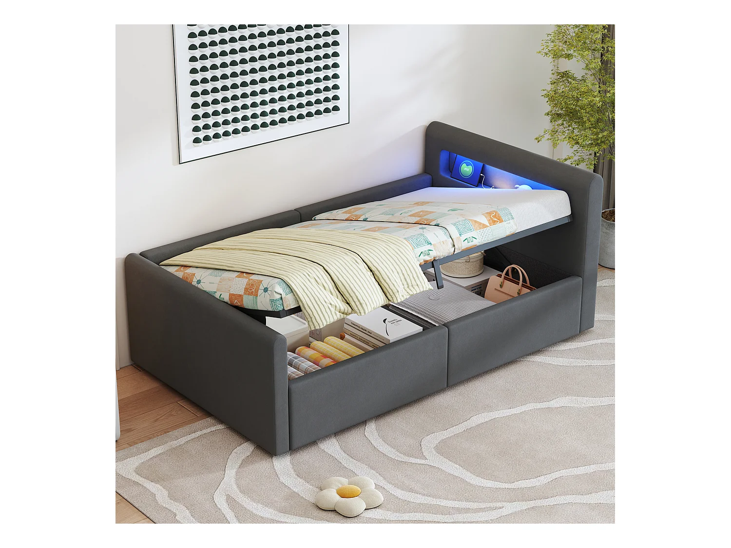 Lit coffre enfant rembourré - 90 x 200 cm - avec Leds + USB - tête de lit avec étagère - velours + MDF - gris foncé