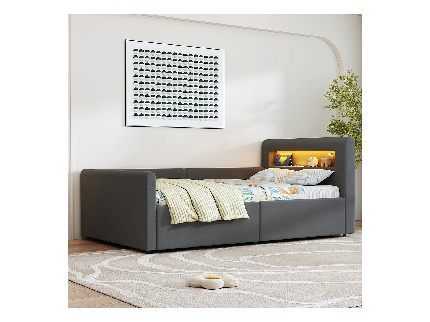 Lit coffre enfant rembourré - 90 x 200 cm - avec Leds + USB - tête de lit avec étagère - velours + MDF - gris foncé