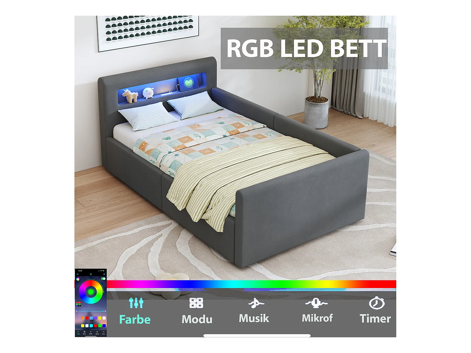 Lit coffre enfant rembourré - 90 x 200 cm - avec Leds + USB - tête de lit avec étagère - velours + MDF - gris foncé