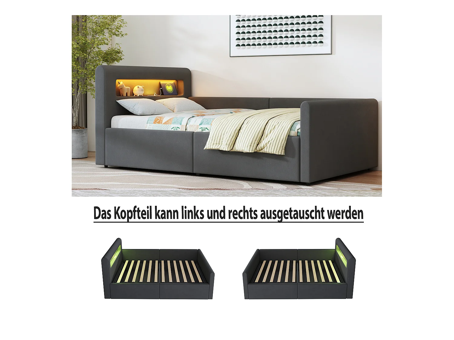 Lit coffre enfant rembourré - 90 x 200 cm - avec Leds + USB - tête de lit avec étagère - velours + MDF - gris foncé