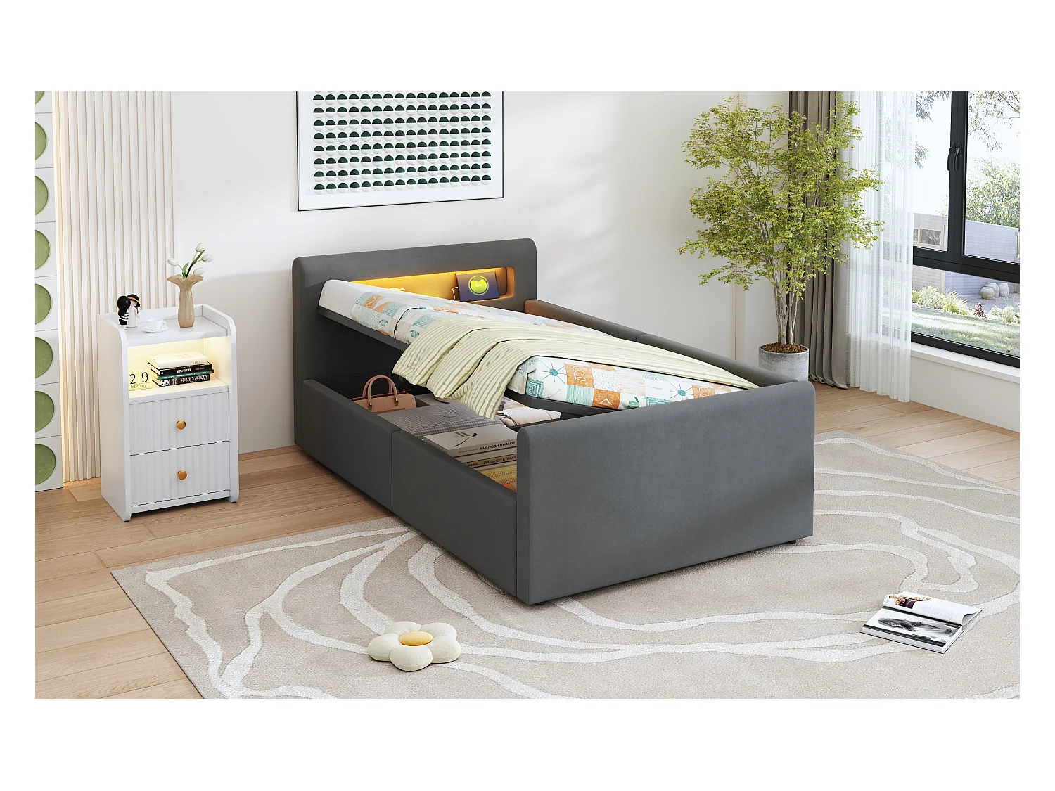 Lit coffre enfant rembourré - 90 x 200 cm - avec Leds + USB - tête de lit avec étagère - velours + MDF - gris foncé
