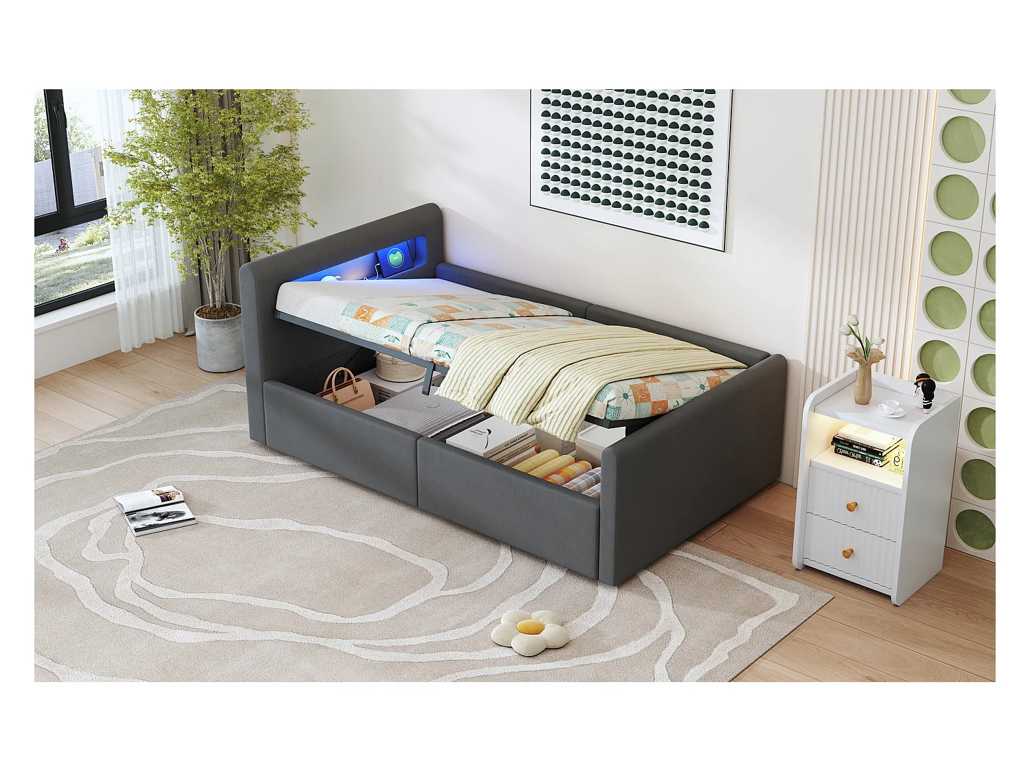 Lit coffre enfant rembourré - 90 x 200 cm - avec Leds + USB - tête de lit avec étagère - velours + MDF - gris foncé
