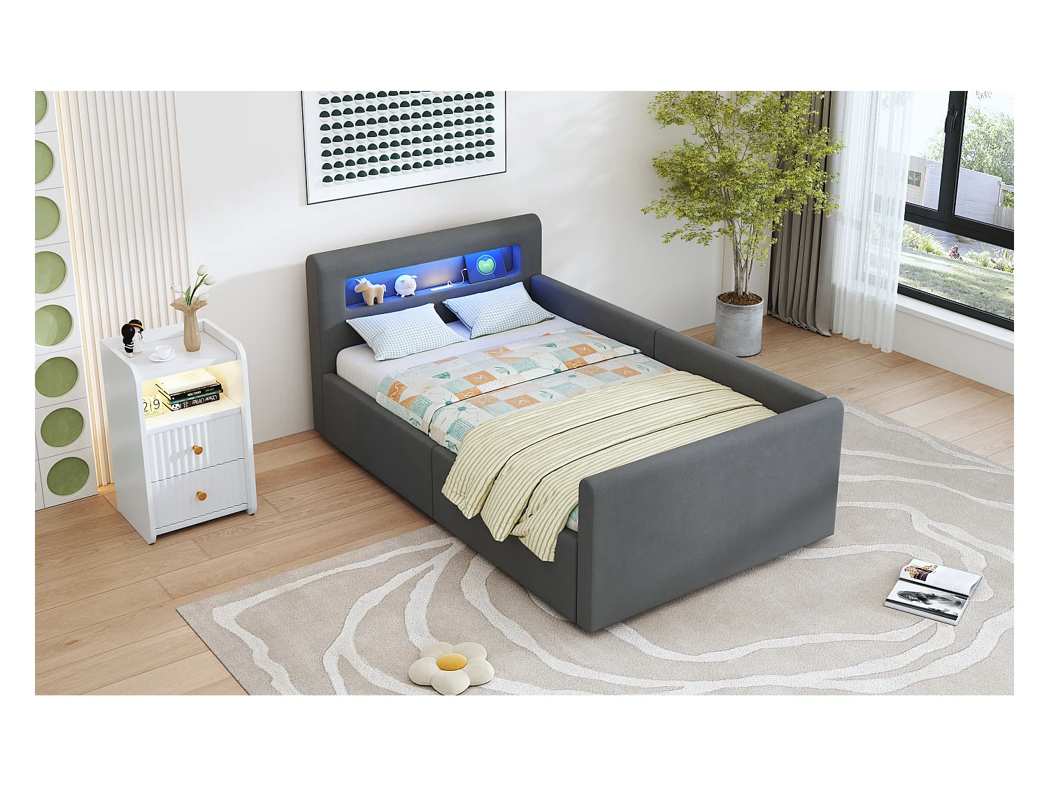 Lit coffre enfant rembourré - 90 x 200 cm - avec Leds + USB - tête de lit avec étagère - velours + MDF - gris foncé