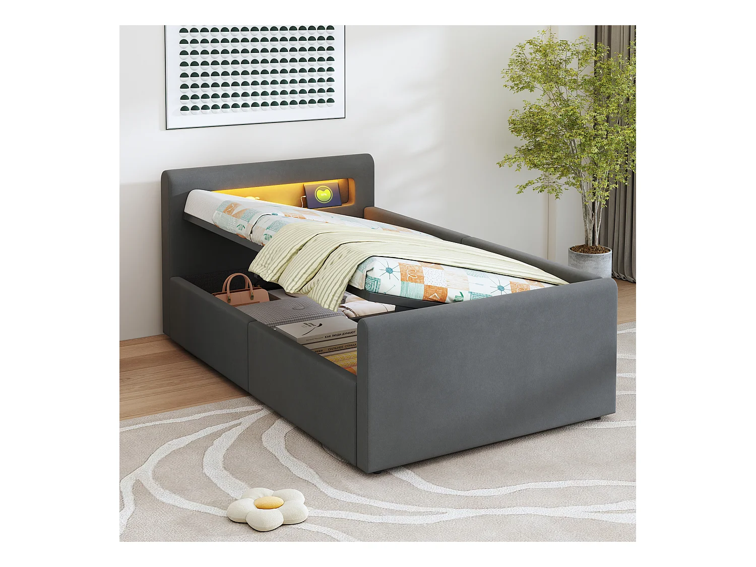 Gepolstertes Kinderbett mit Stauraum - 90 x 200 cm - mit LEDs + USB - Kopfteil mit Ablage - Samt + MDF - Dunkelgrau