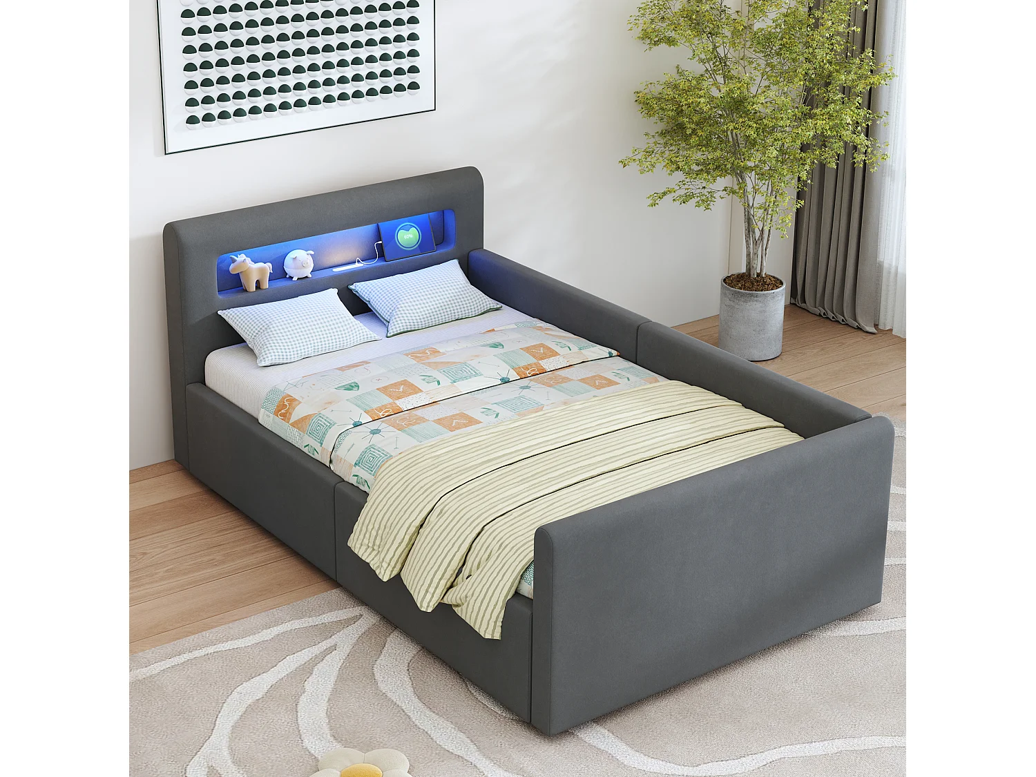 Cama infantil tapizada con canapé - 90 x 200 cm - con LED + USB - cabecero con estante - terciopelo + MDF - gris oscuro