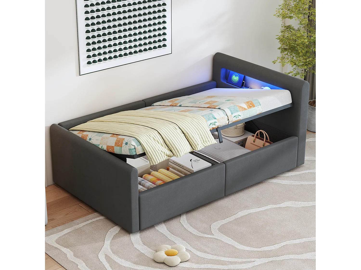 Cama infantil tapizada con canapé - 90 x 200 cm - con LED + USB - cabecero con estante - terciopelo + MDF - gris oscuro