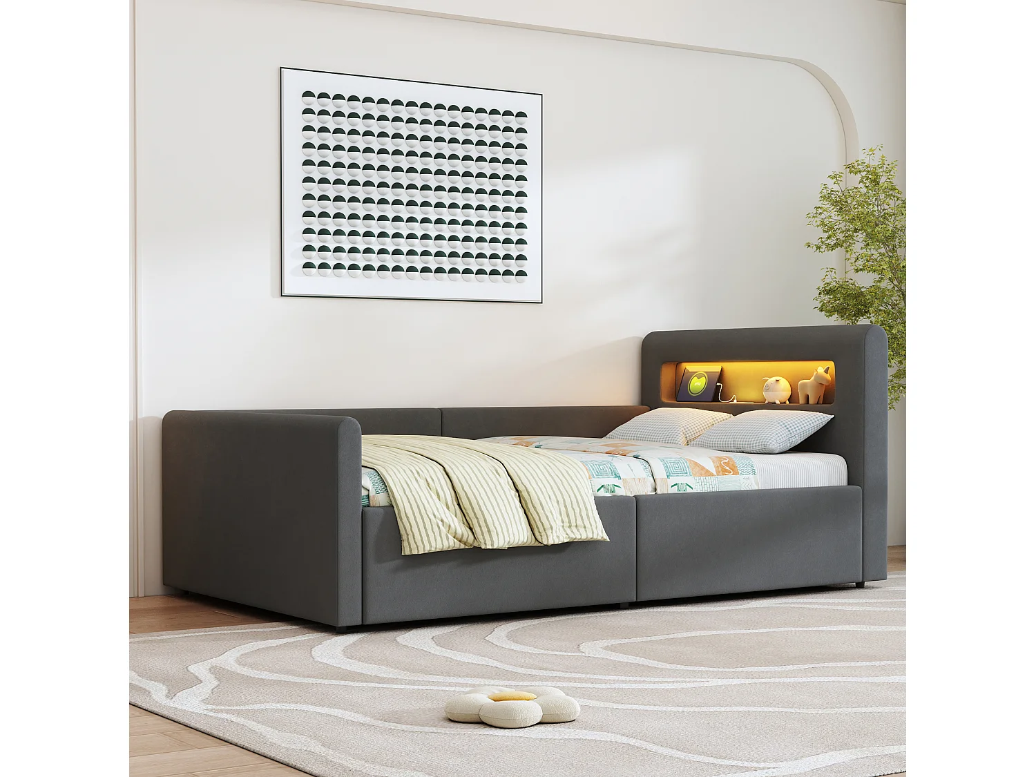 Cama infantil tapizada con canapé - 90 x 200 cm - con LED + USB - cabecero con estante - terciopelo + MDF - gris oscuro