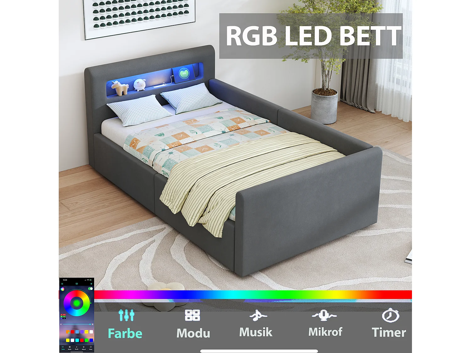 Cama infantil tapizada con canapé - 90 x 200 cm - con LED + USB - cabecero con estante - terciopelo + MDF - gris oscuro