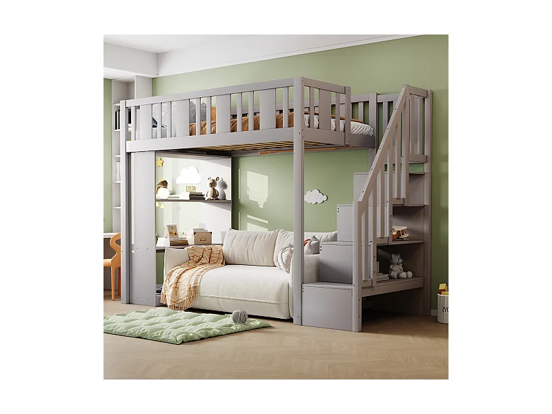 Cama alta infantil - 90 x 200 cm - con espacio de almacenaje en la escalera y balda de almacenaje - madera + MDF - gris
