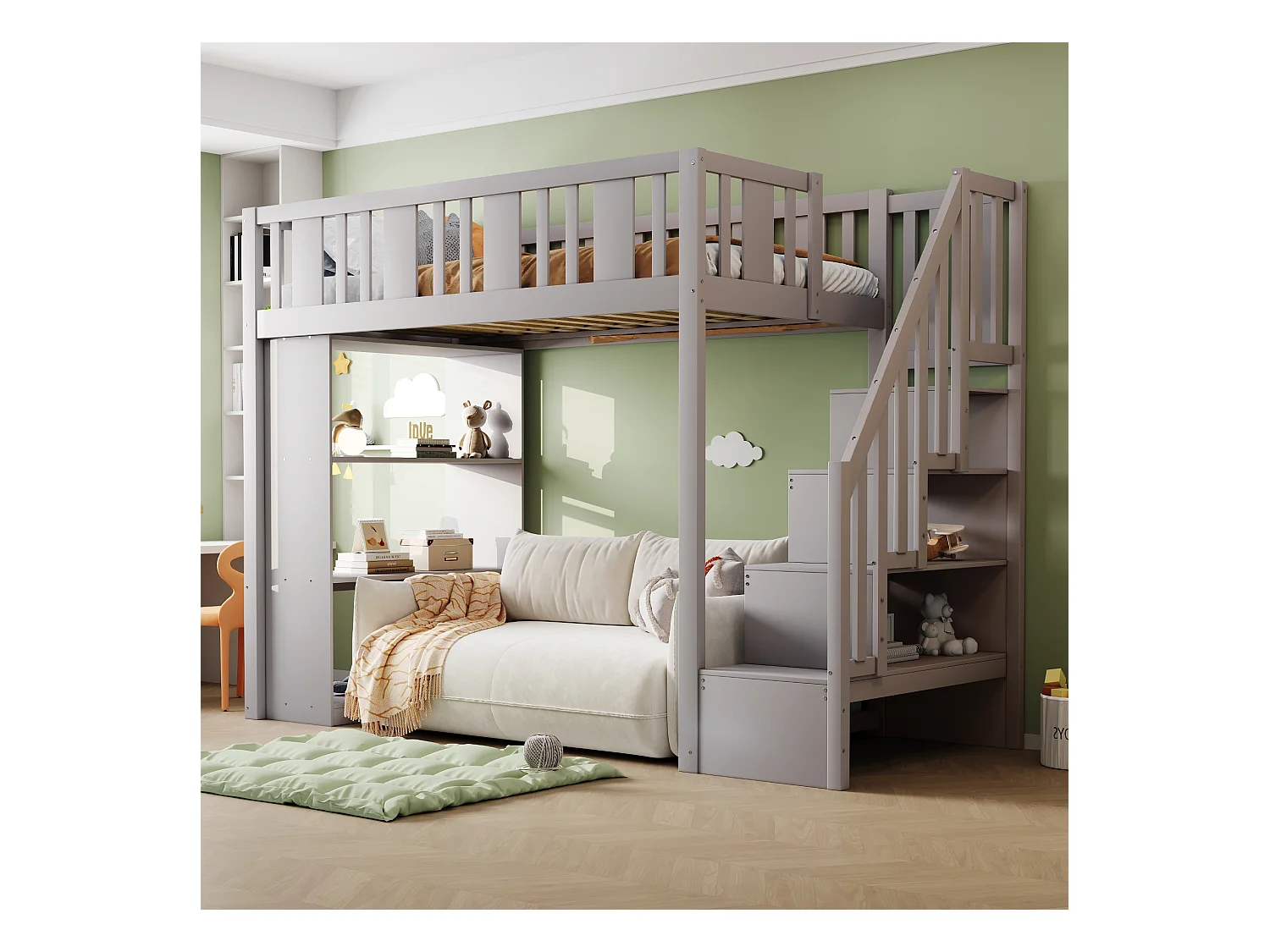 Kinderhoogslaper - 90 x 200 cm - met opbergruimte in de trap en opbergplank - hout + MDF - grijs