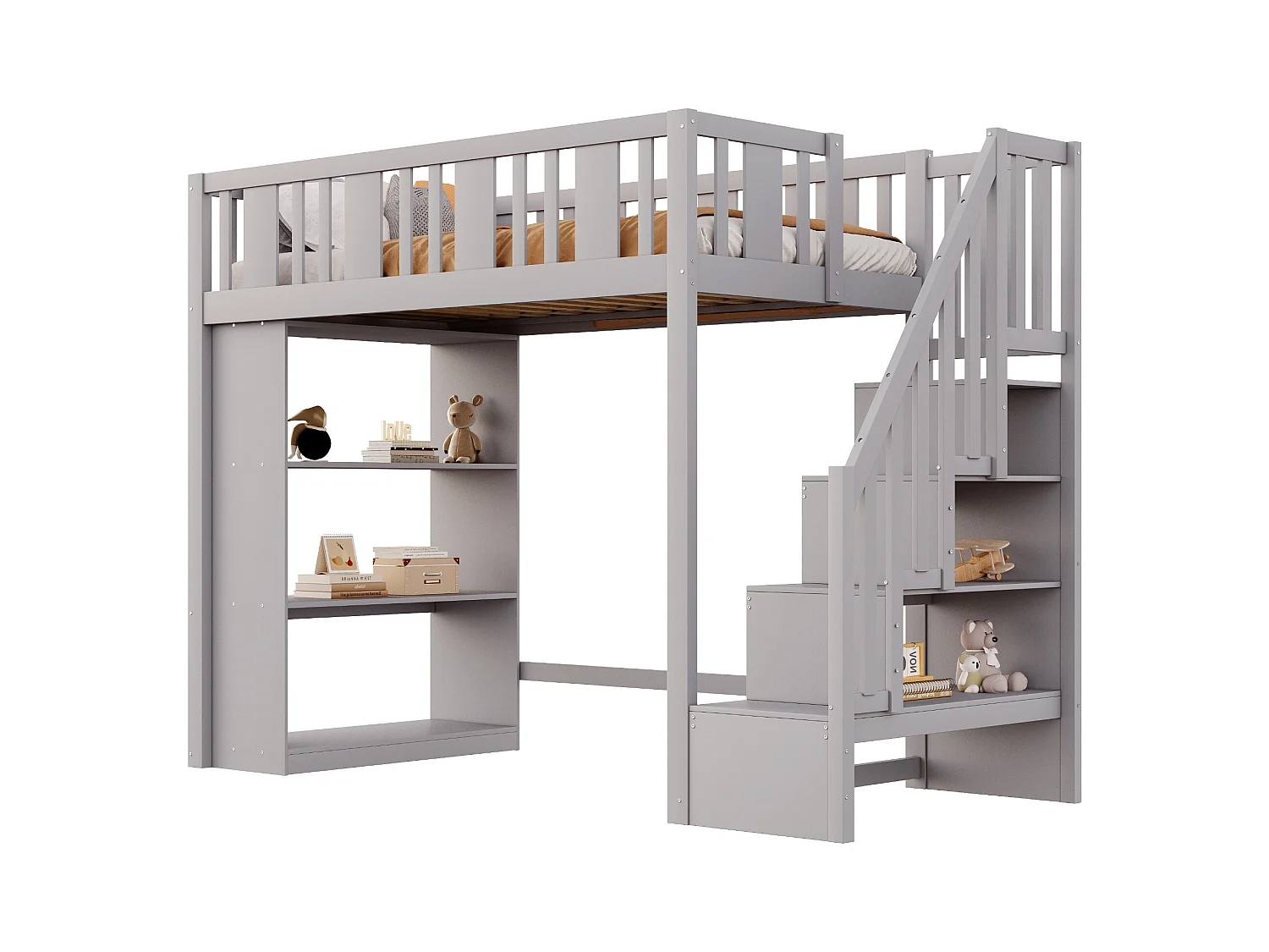 Lit mezzanine enfant - 90 x 200 cm - avec rangements dans l'escalier et étagère de rangement - bois + MDF - gris