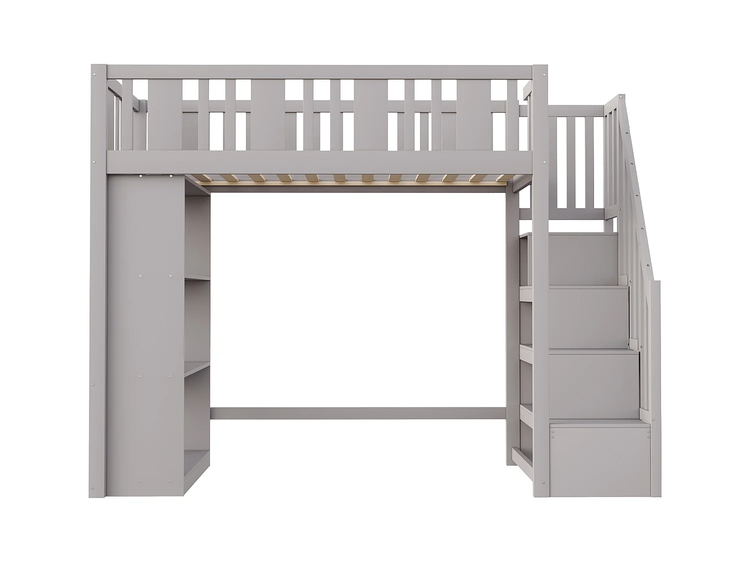 Lit mezzanine enfant - 90 x 200 cm - avec rangements dans l'escalier et étagère de rangement - bois + MDF - gris