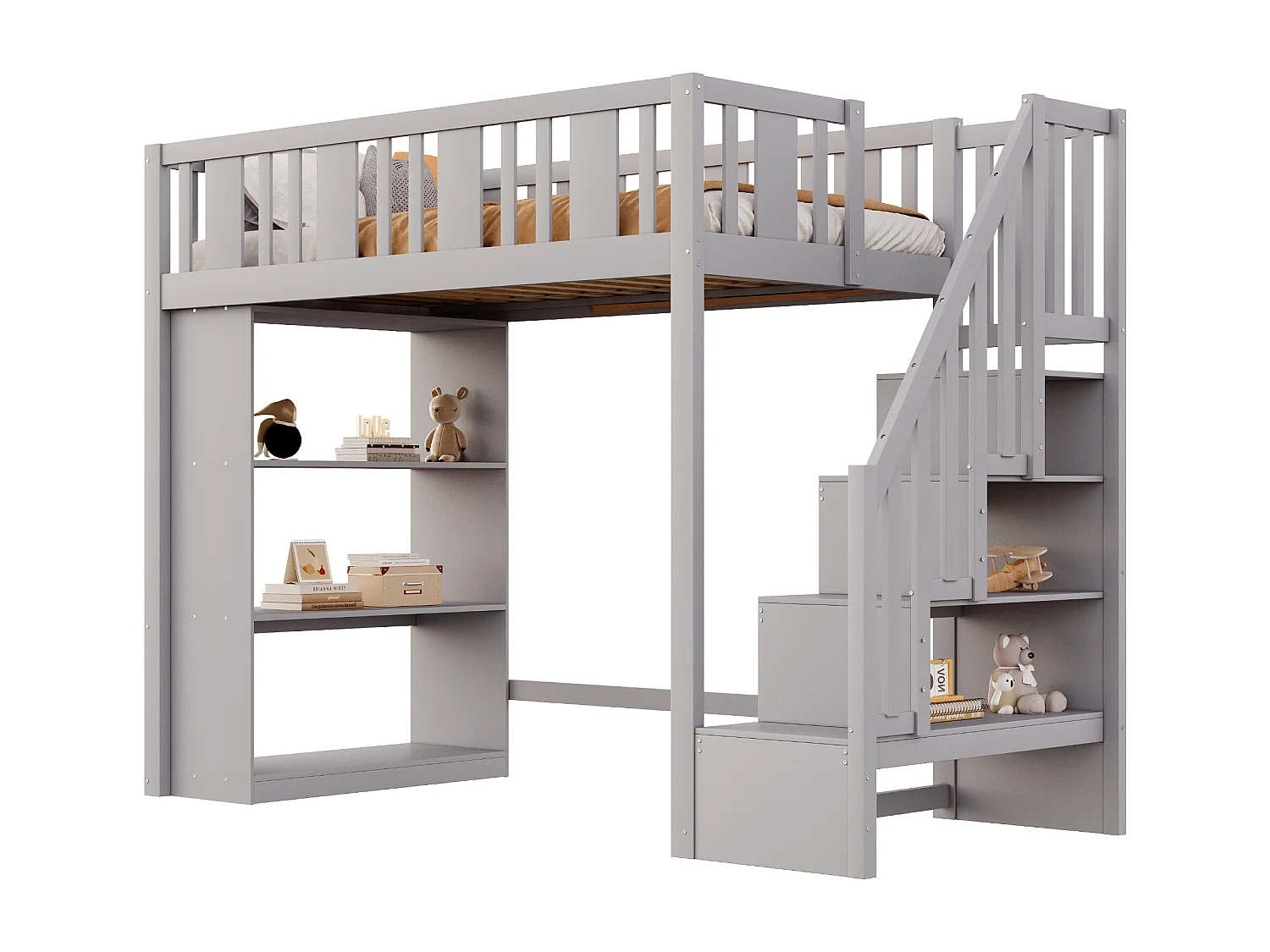 Lit mezzanine enfant - 90 x 200 cm - avec rangements dans l'escalier et étagère de rangement - bois + MDF - gris