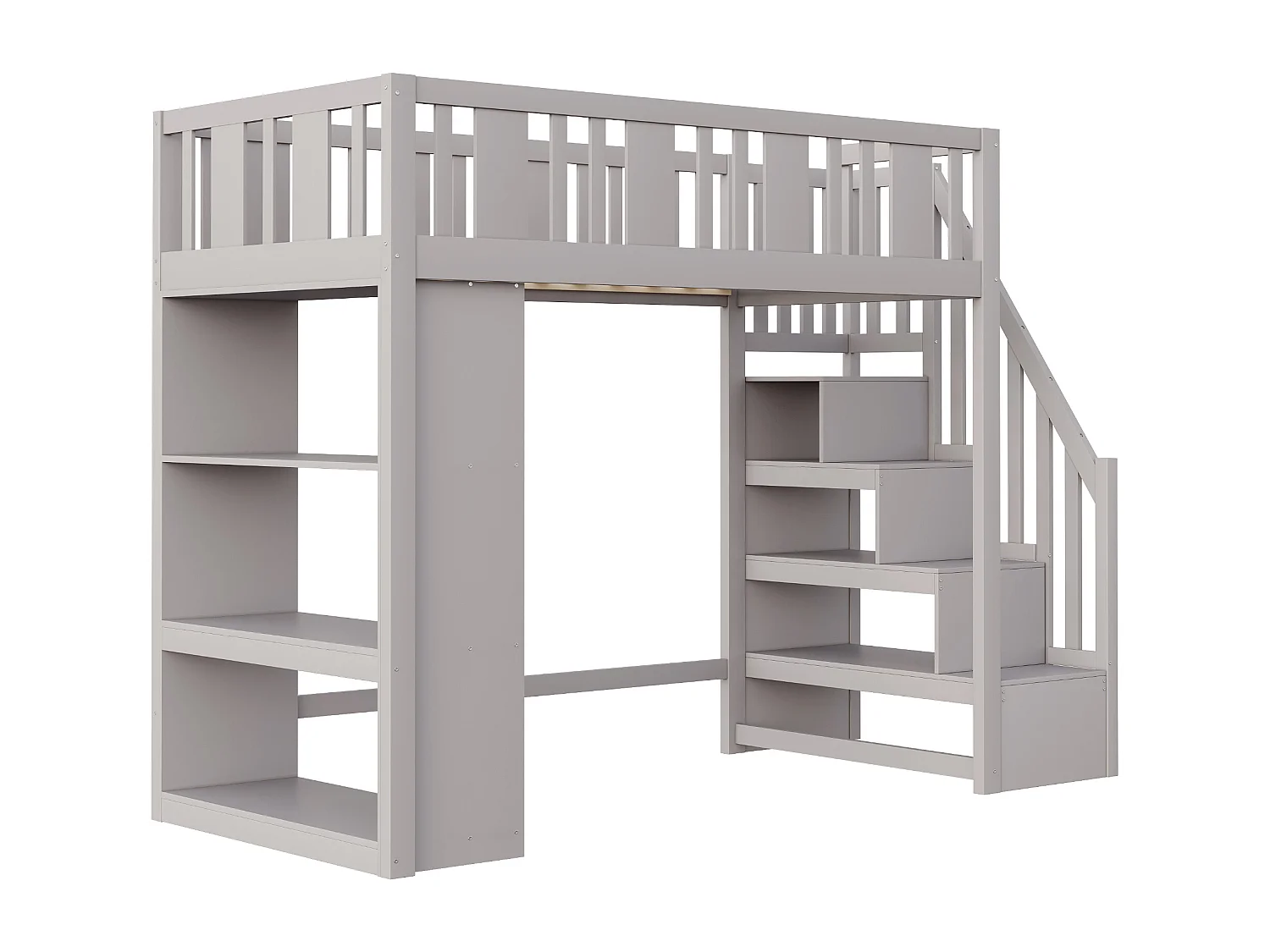 Lit mezzanine enfant - 90 x 200 cm - avec rangements dans l'escalier et étagère de rangement - bois + MDF - gris