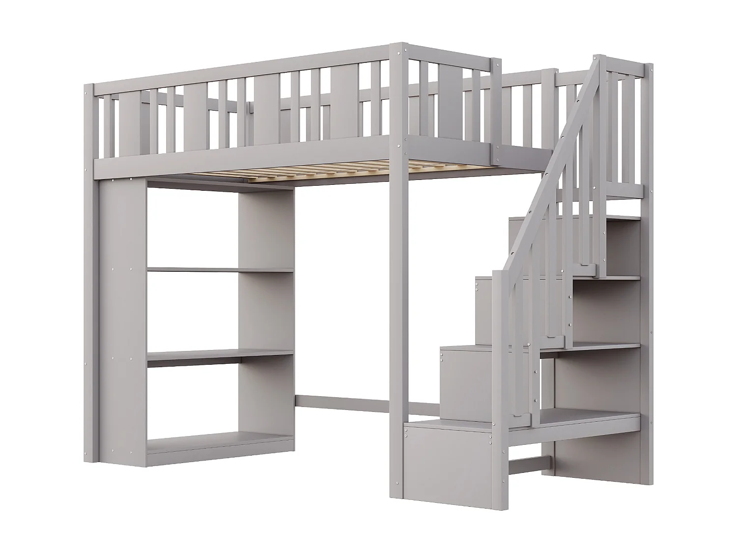 Lit mezzanine enfant - 90 x 200 cm - avec rangements dans l'escalier et étagère de rangement - bois + MDF - gris