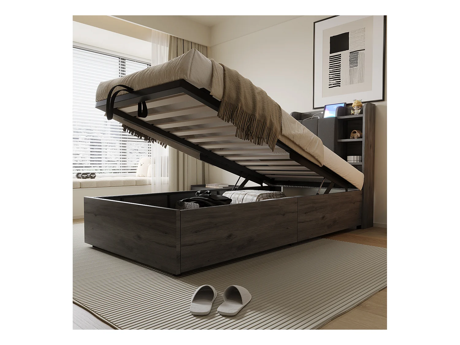 Lit coffre pou enfant - 90 x 200 cm - tête de lit avec rangement - avec USB + Type-C - MDF - gris