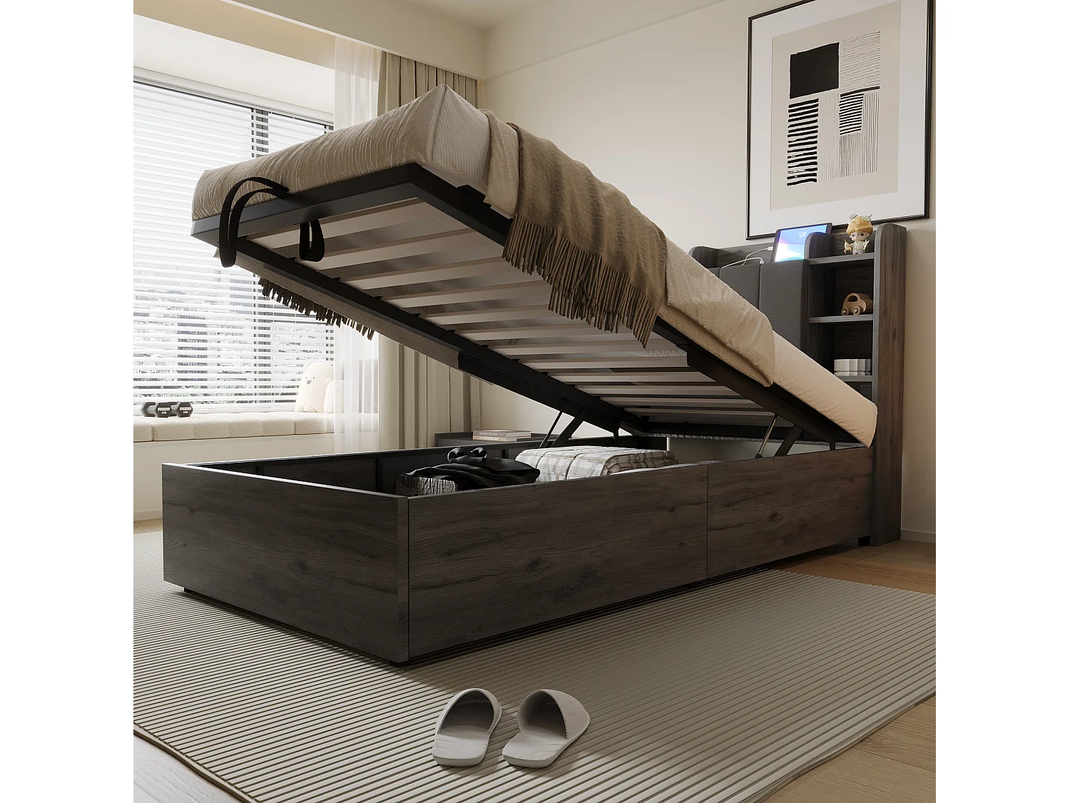 Lit coffre pou enfant - 90 x 200 cm - tête de lit avec rangement - avec USB + Type-C - MDF - gris