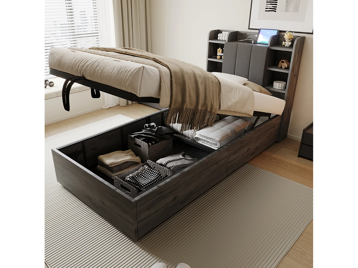 Lit coffre pou enfant - 90 x 200 cm - tête de lit avec rangement - avec USB + Type-C - MDF - gris