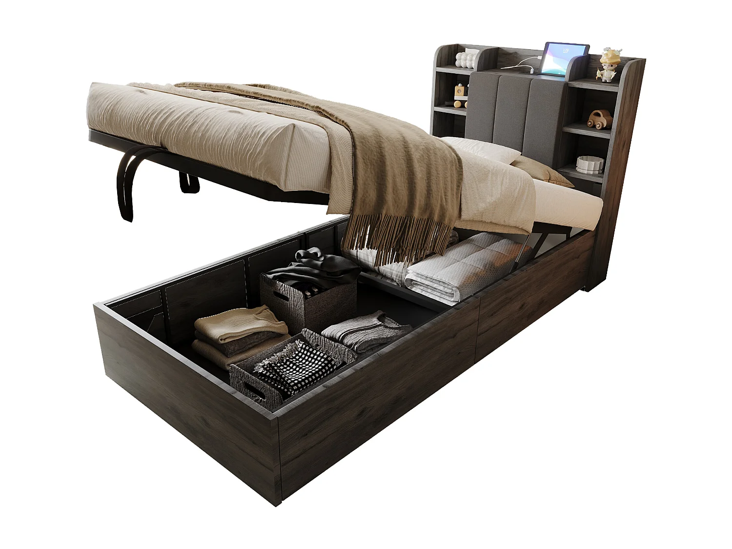 Lit coffre pou enfant - 90 x 200 cm - tête de lit avec rangement - avec USB + Type-C - MDF - gris