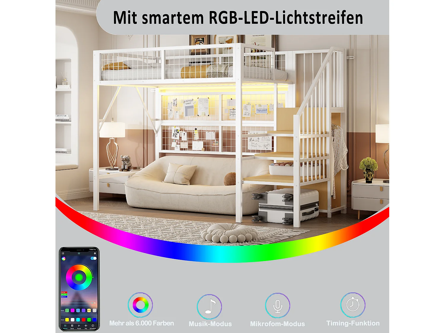 Lit mezzanine enfant en métal - 90 x 200 cm - avec armoire + Leds + rangements dans l'escalier - MDF + Métal - blanc