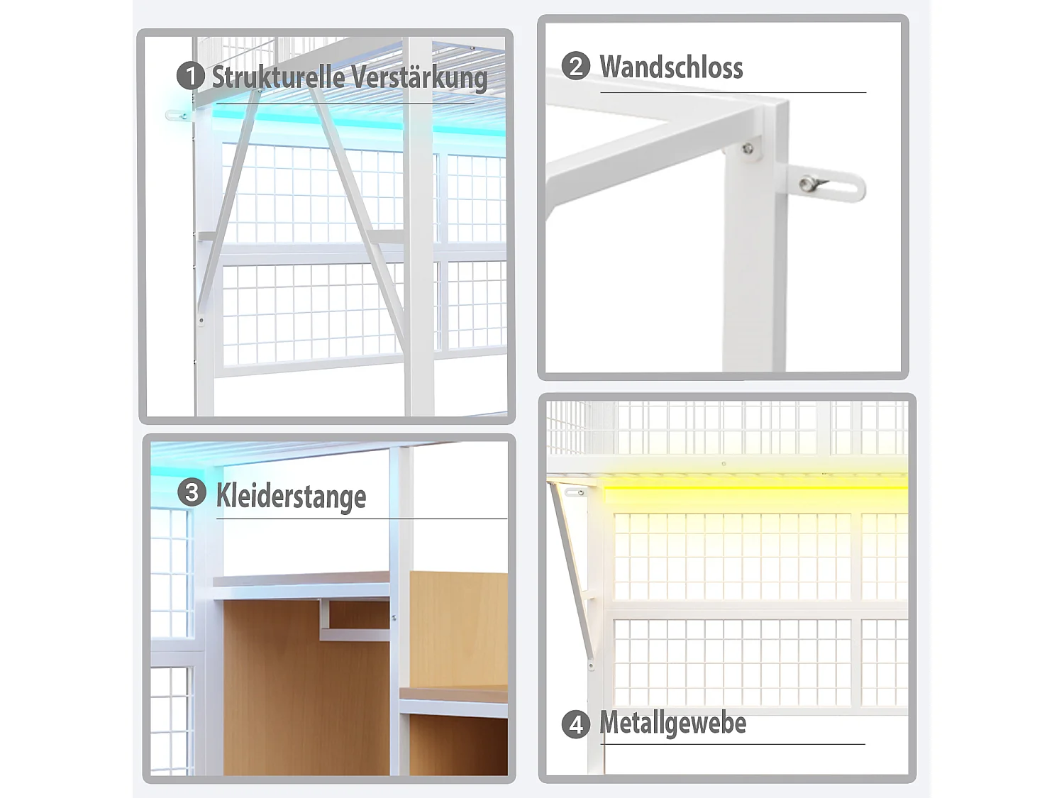 Lit mezzanine enfant en métal - 90 x 200 cm - avec armoire + Leds + rangements dans l'escalier - MDF + Métal - blanc