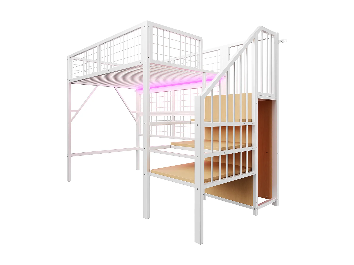 Lit mezzanine enfant en métal - 90 x 200 cm - avec armoire + Leds + rangements dans l'escalier - MDF + Métal - blanc