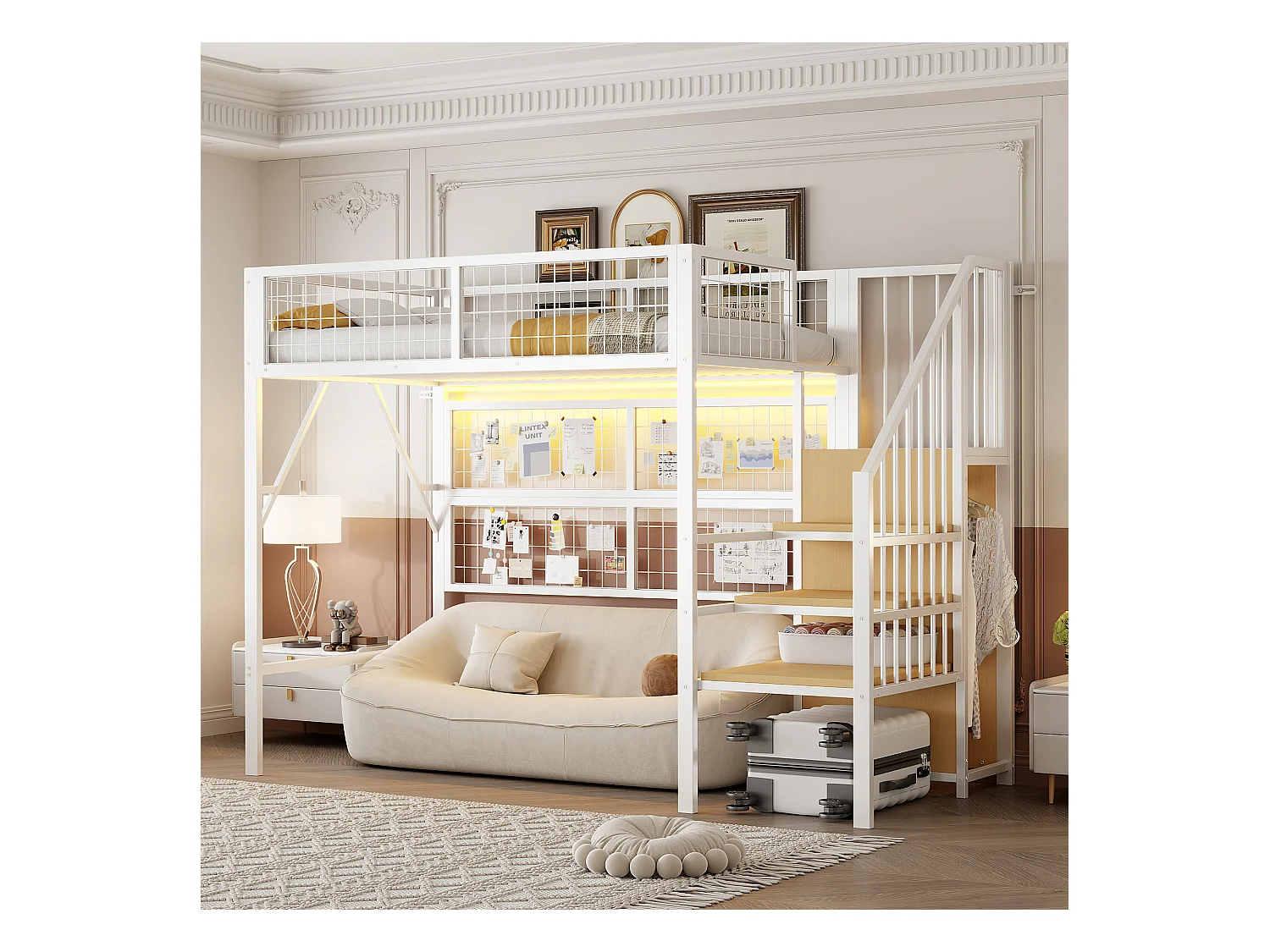 Lit mezzanine enfant en métal - 90 x 200 cm - avec armoire + Leds + rangements dans l'escalier - MDF + Métal - blanc