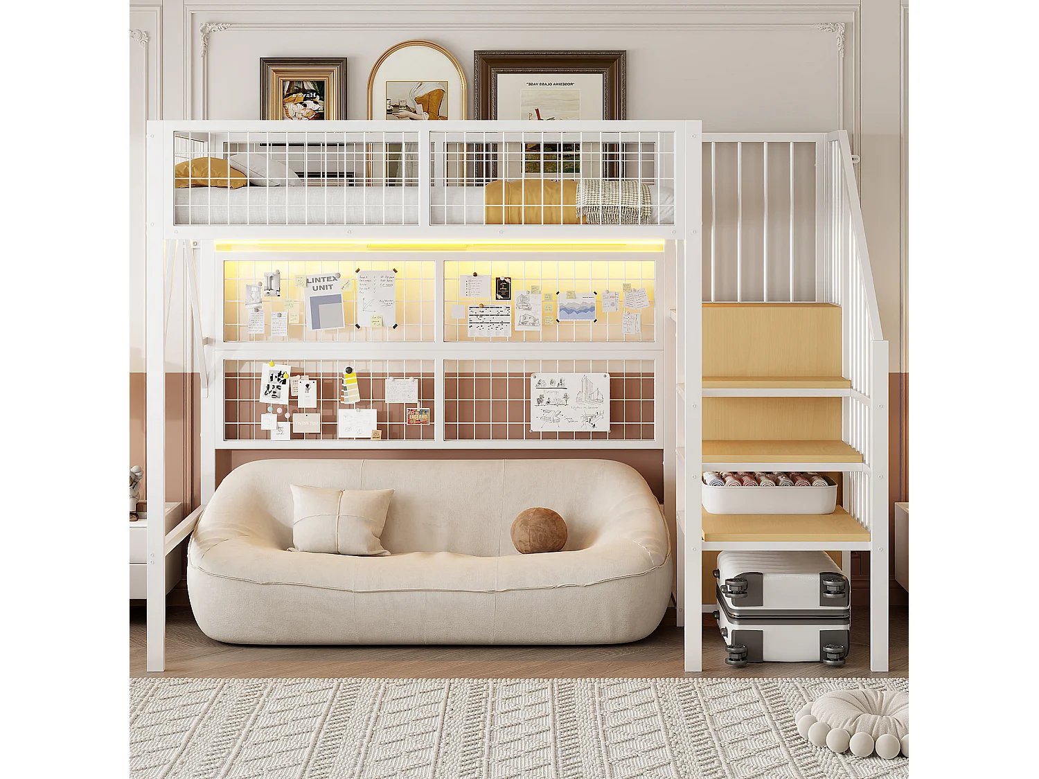 Lit mezzanine enfant en métal - 90 x 200 cm - avec armoire + Leds + rangements dans l'escalier - MDF + Métal - blanc