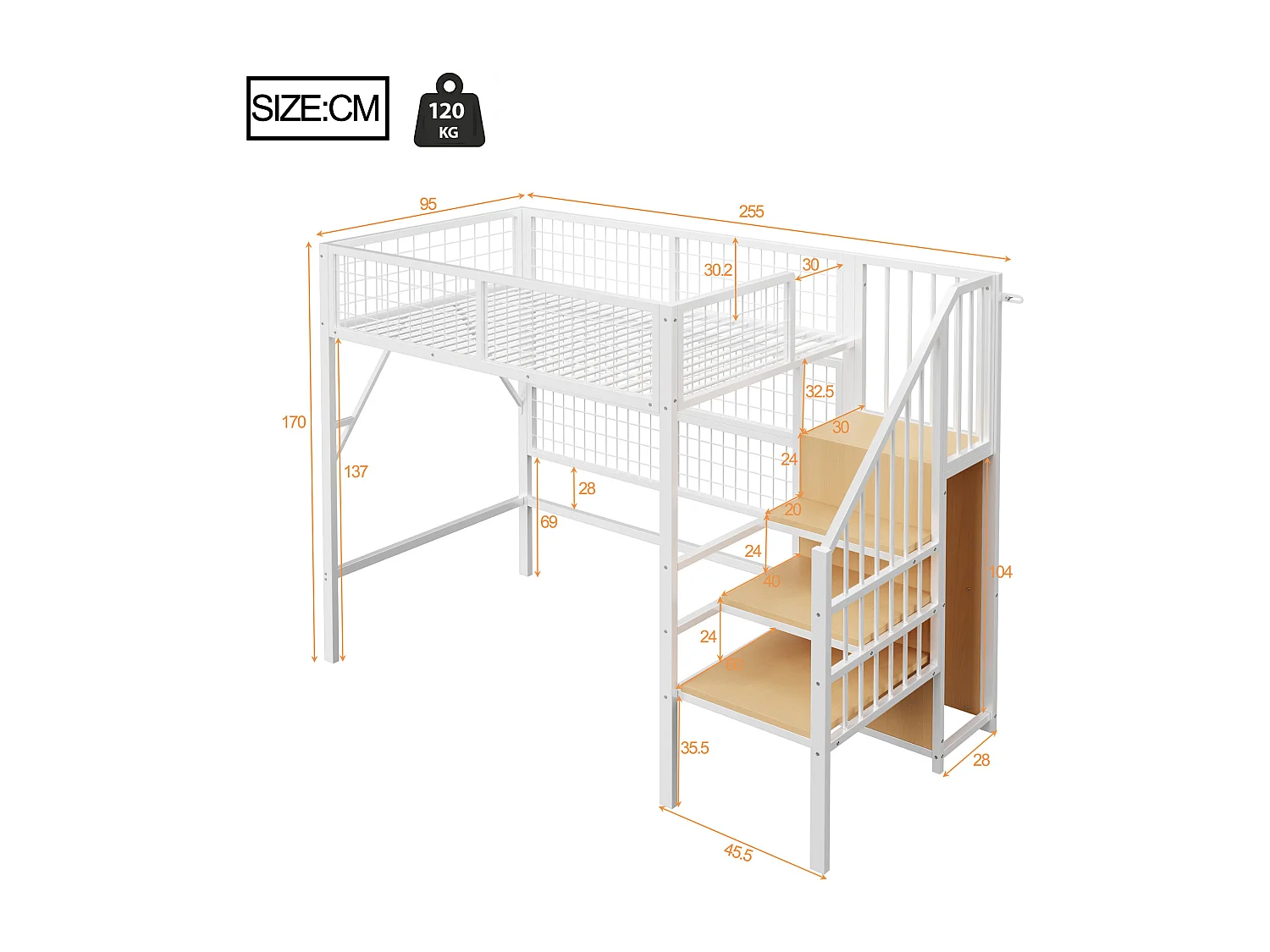 Lit mezzanine enfant en métal - 90 x 200 cm - avec armoire + Leds + rangements dans l'escalier - MDF + Métal - blanc