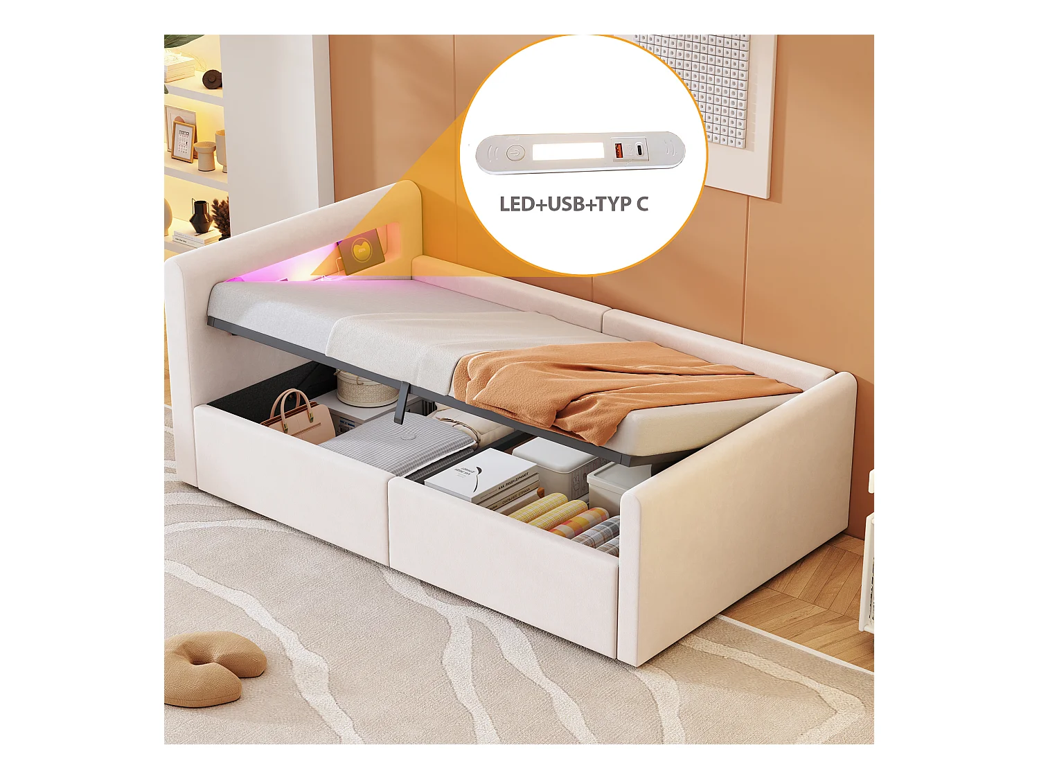 Lit coffre enfant rembourré - 90 x 200 cm - avec Leds + USB - tête de lit avec étagère - velours + MDF - beige