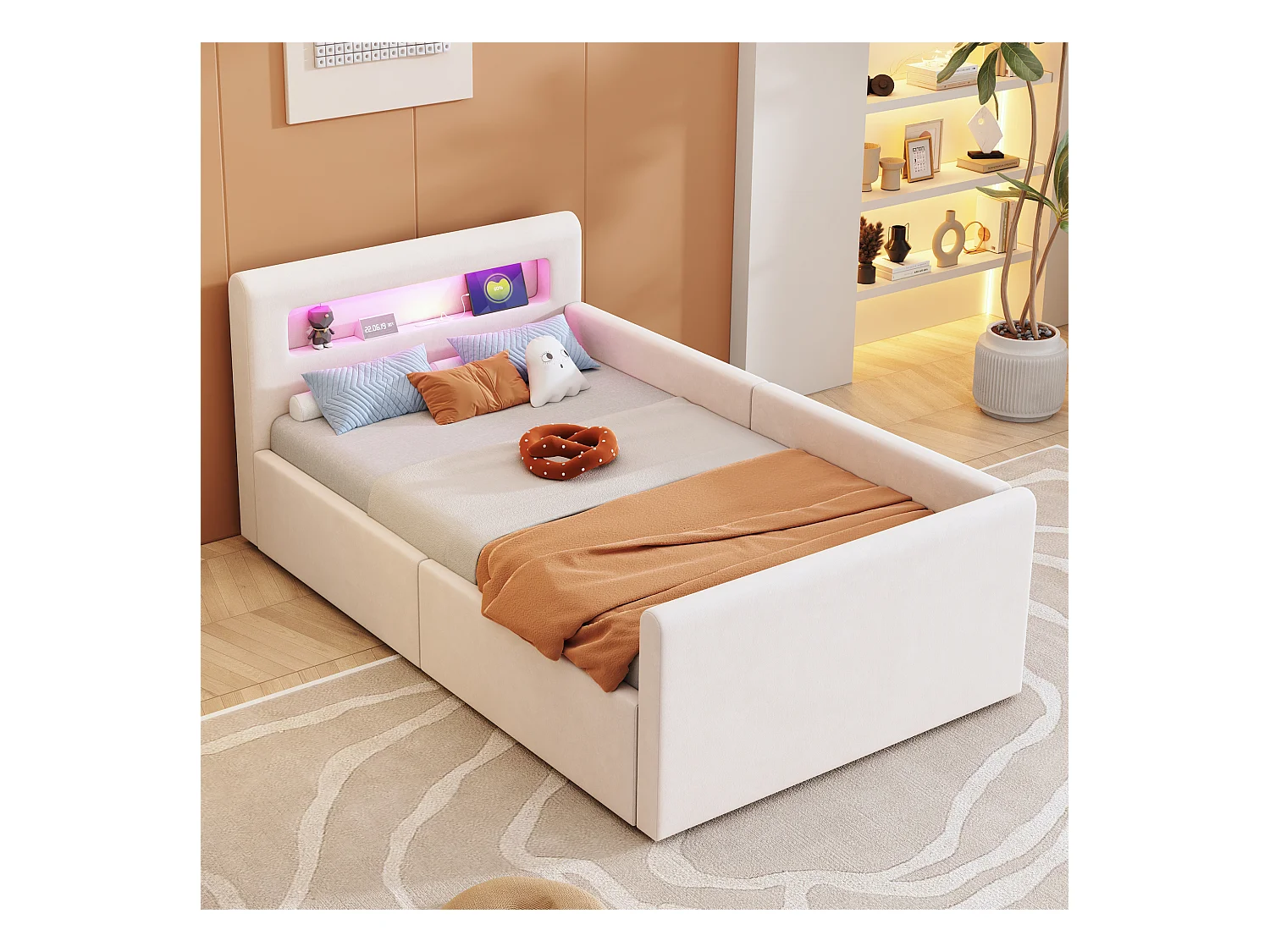 Lit coffre enfant rembourré - 90 x 200 cm - avec Leds + USB - tête de lit avec étagère - velours + MDF - beige