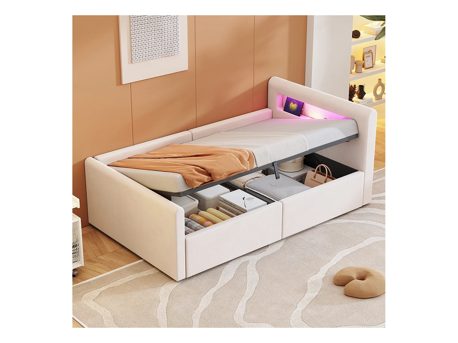 Lit coffre enfant rembourré - 90 x 200 cm - avec Leds + USB - tête de lit avec étagère - velours + MDF - beige