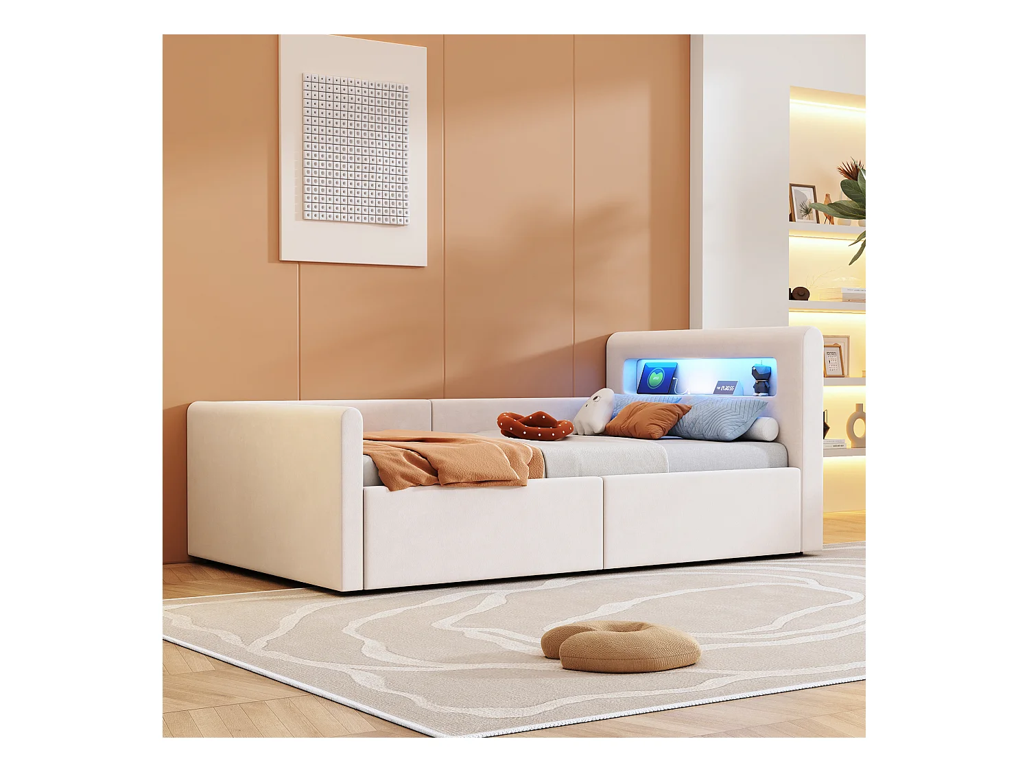 Lit coffre enfant rembourré - 90 x 200 cm - avec Leds + USB - tête de lit avec étagère - velours + MDF - beige