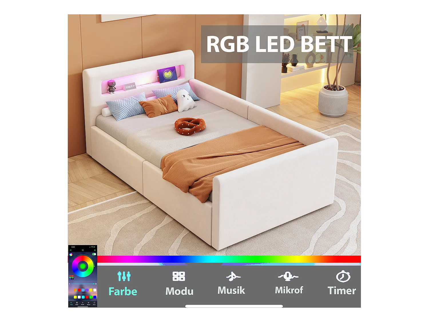 Lit coffre enfant rembourré - 90 x 200 cm - avec Leds + USB - tête de lit avec étagère - velours + MDF - beige