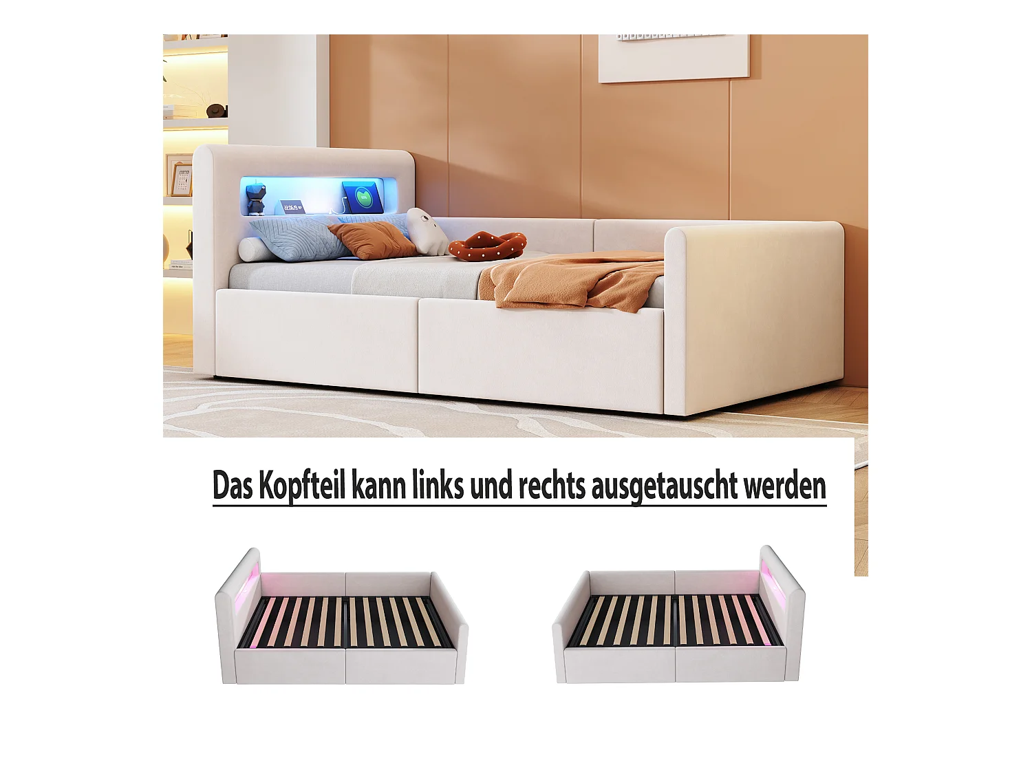 Lit coffre enfant rembourré - 90 x 200 cm - avec Leds + USB - tête de lit avec étagère - velours + MDF - beige