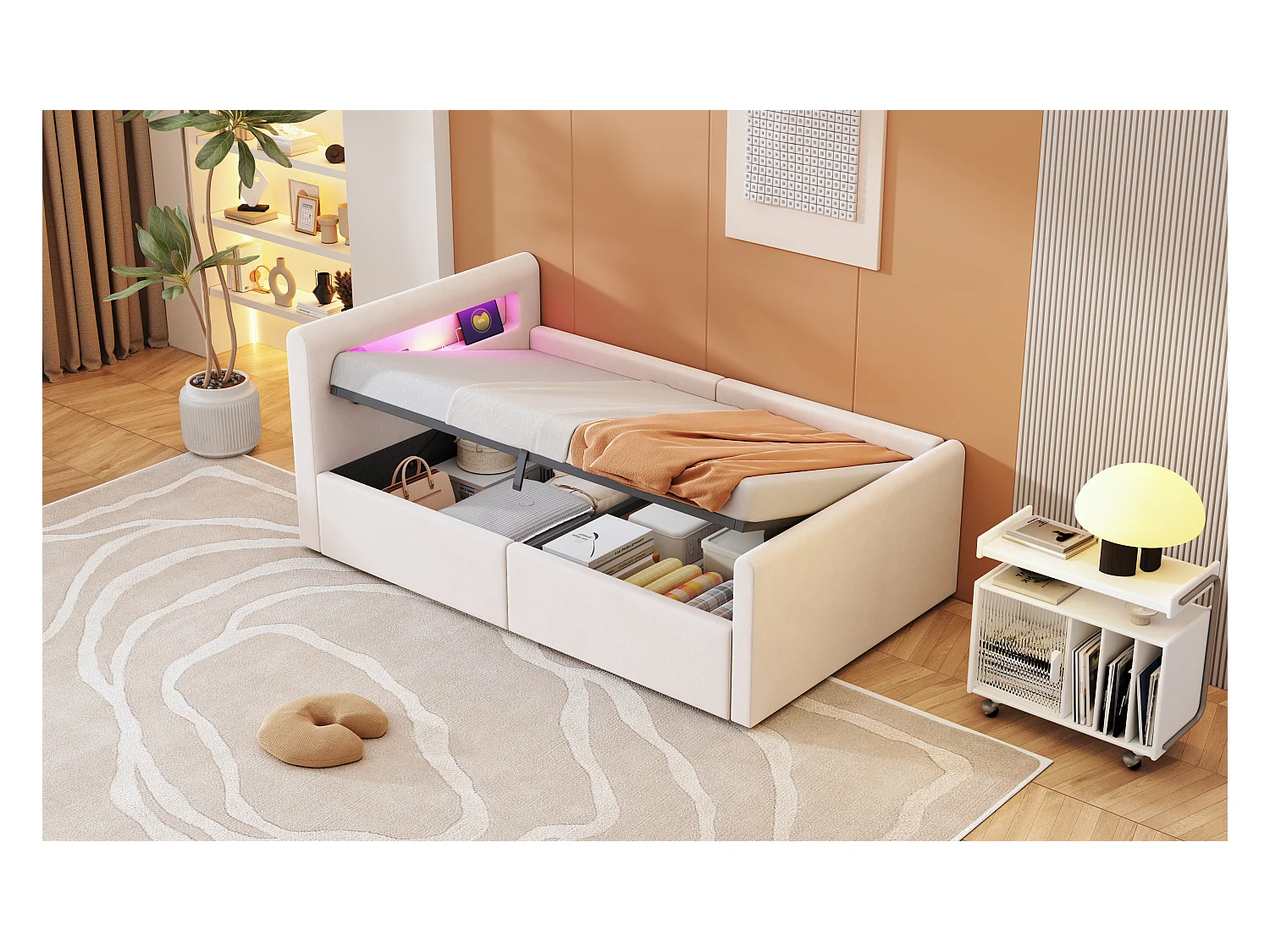 Lit coffre enfant rembourré - 90 x 200 cm - avec Leds + USB - tête de lit avec étagère - velours + MDF - beige