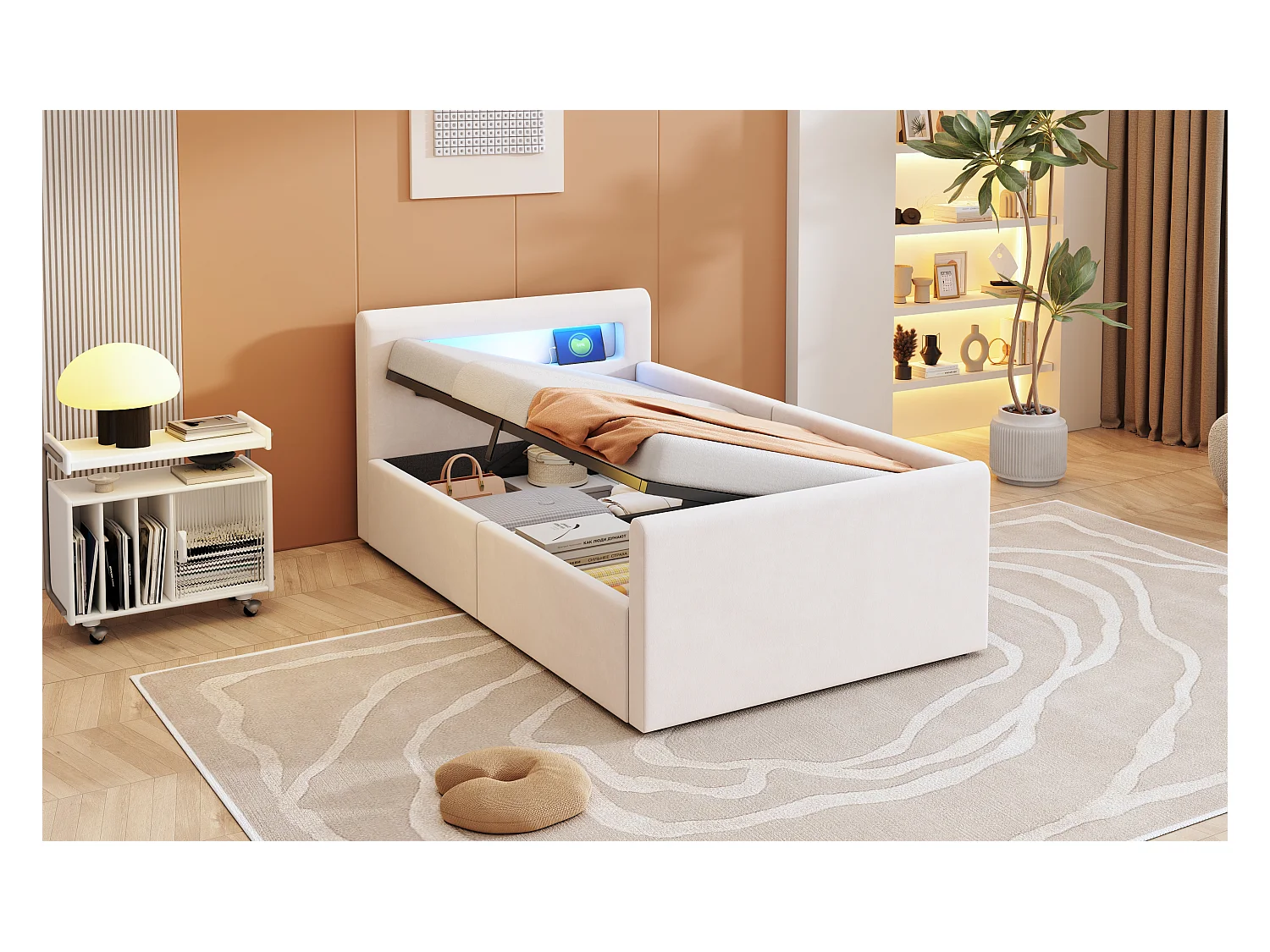 Lit coffre enfant rembourré - 90 x 200 cm - avec Leds + USB - tête de lit avec étagère - velours + MDF - beige