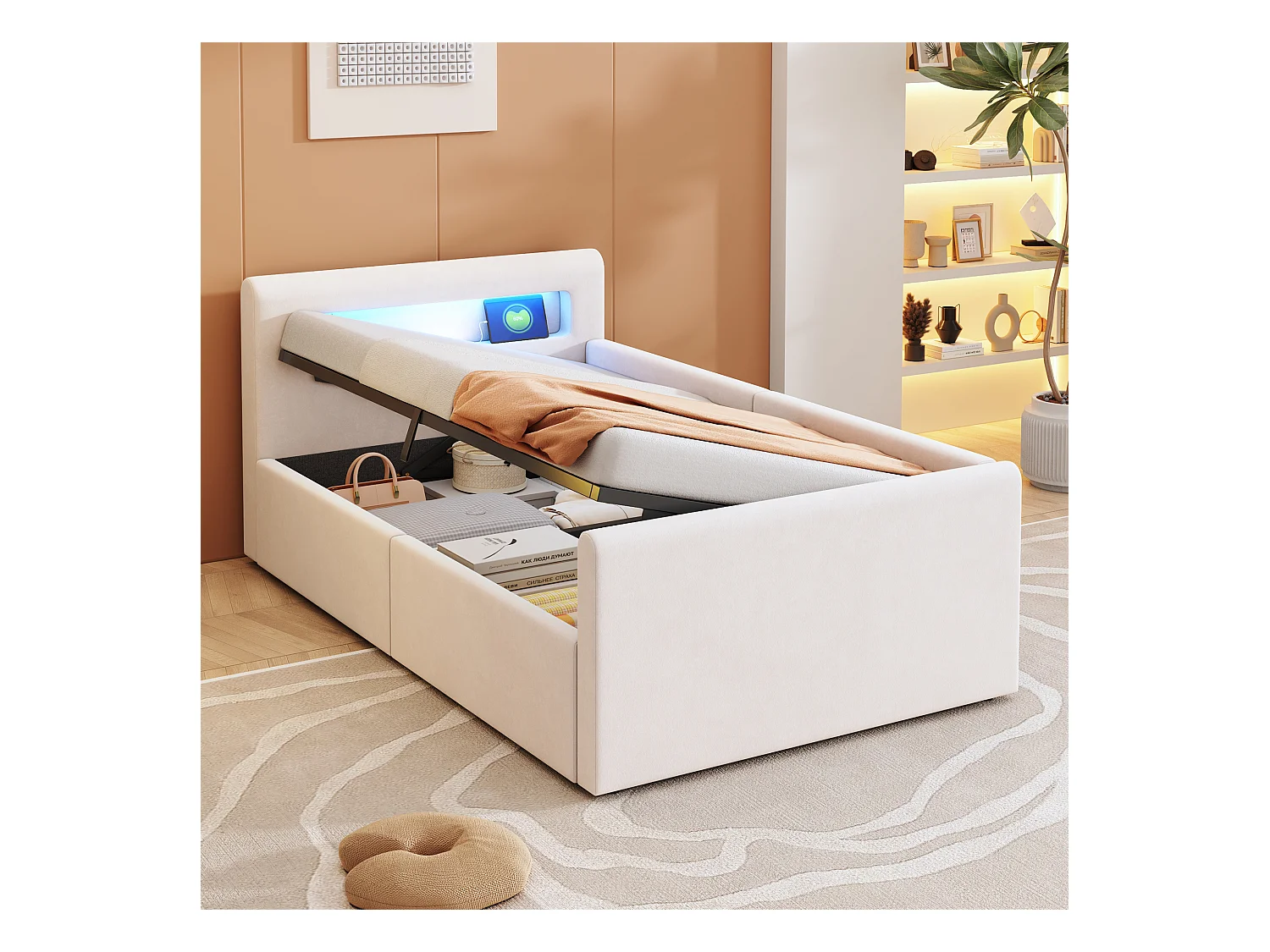 Lit coffre enfant rembourré - 90 x 200 cm - avec Leds + USB - tête de lit avec étagère - velours + MDF - beige