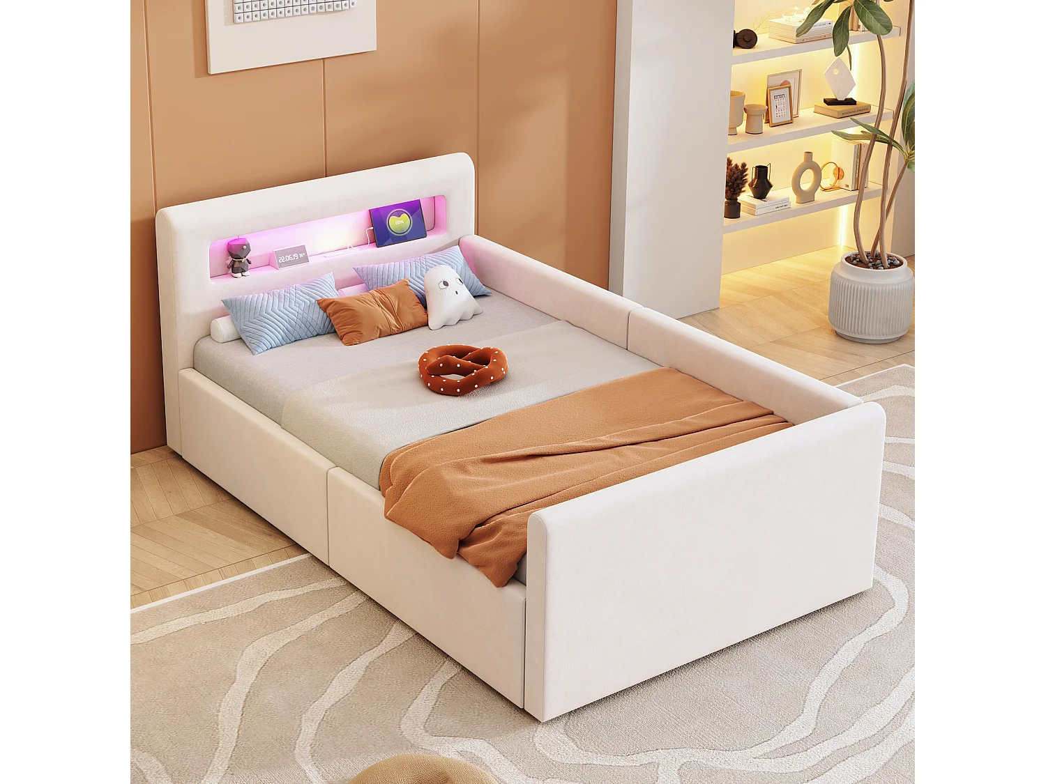 Cama infantil tapizada con canapé - 90 x 200 cm - con LED + USB - cabecero con estante - terciopelo + MDF - beige