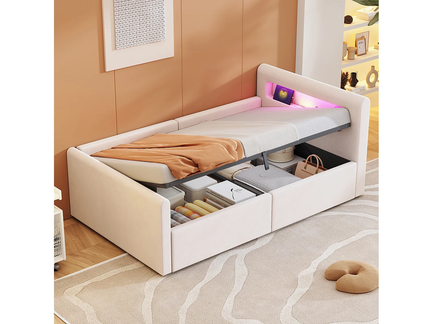 Cama infantil tapizada con canapé - 90 x 200 cm - con LED + USB - cabecero con estante - terciopelo + MDF - beige