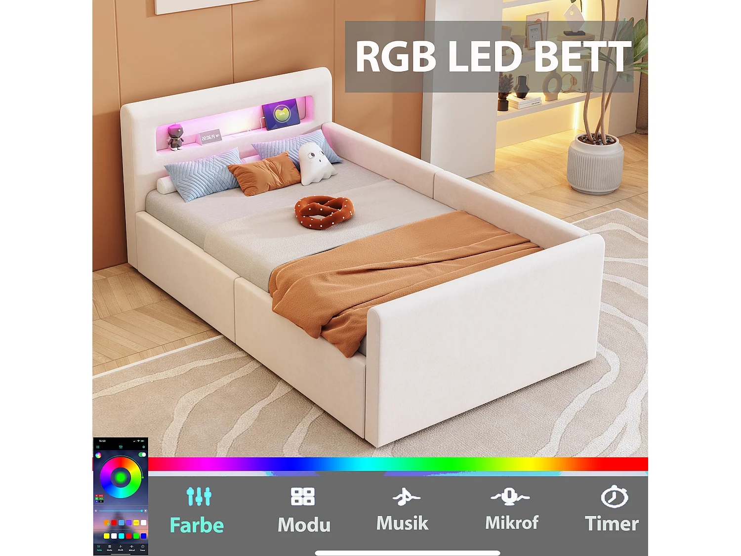 Cama infantil tapizada con canapé - 90 x 200 cm - con LED + USB - cabecero con estante - terciopelo + MDF - beige