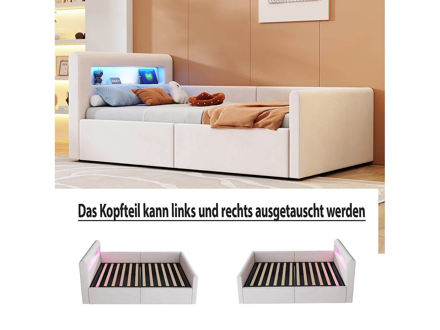 Cama infantil tapizada con canapé - 90 x 200 cm - con LED + USB - cabecero con estante - terciopelo + MDF - beige